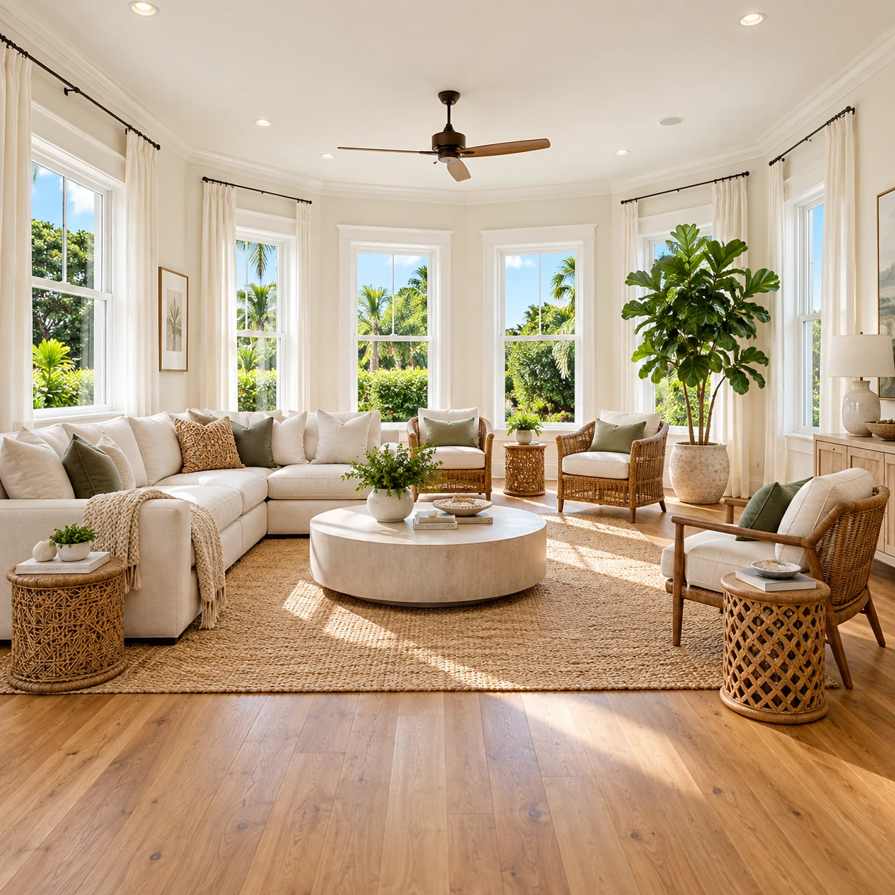 Sunlit living room with warm wood floors.