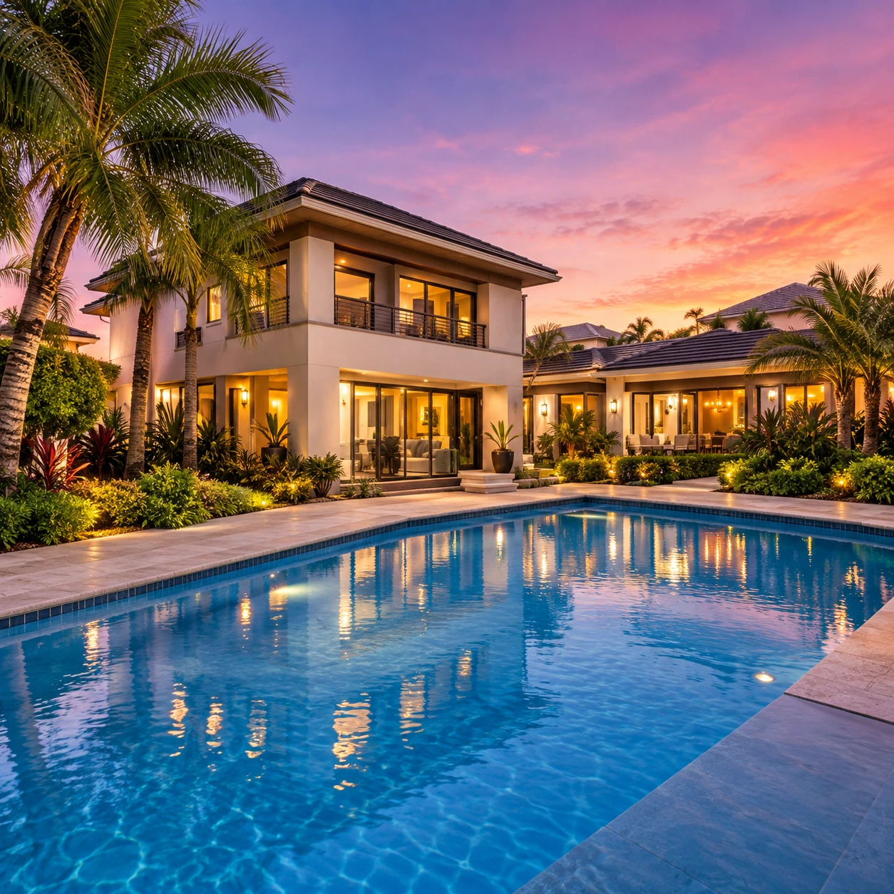 Luxury home beside a pool at sunset.