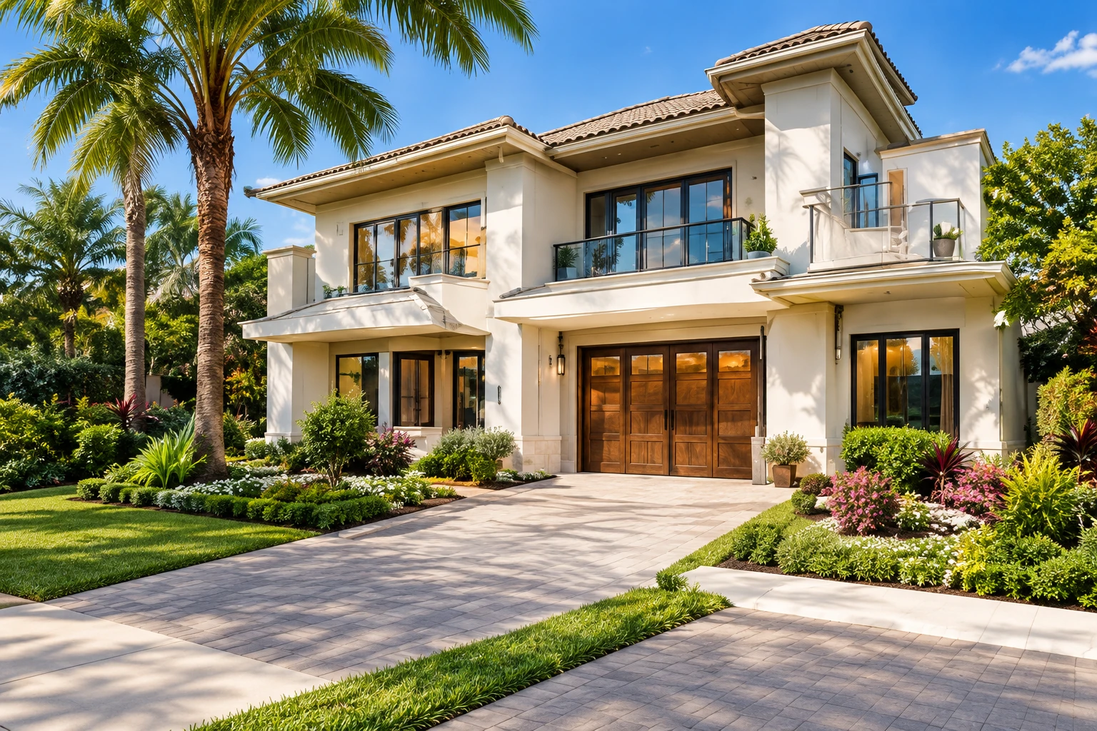 Cream Mediterranean home with palms and a landscaped driveway.