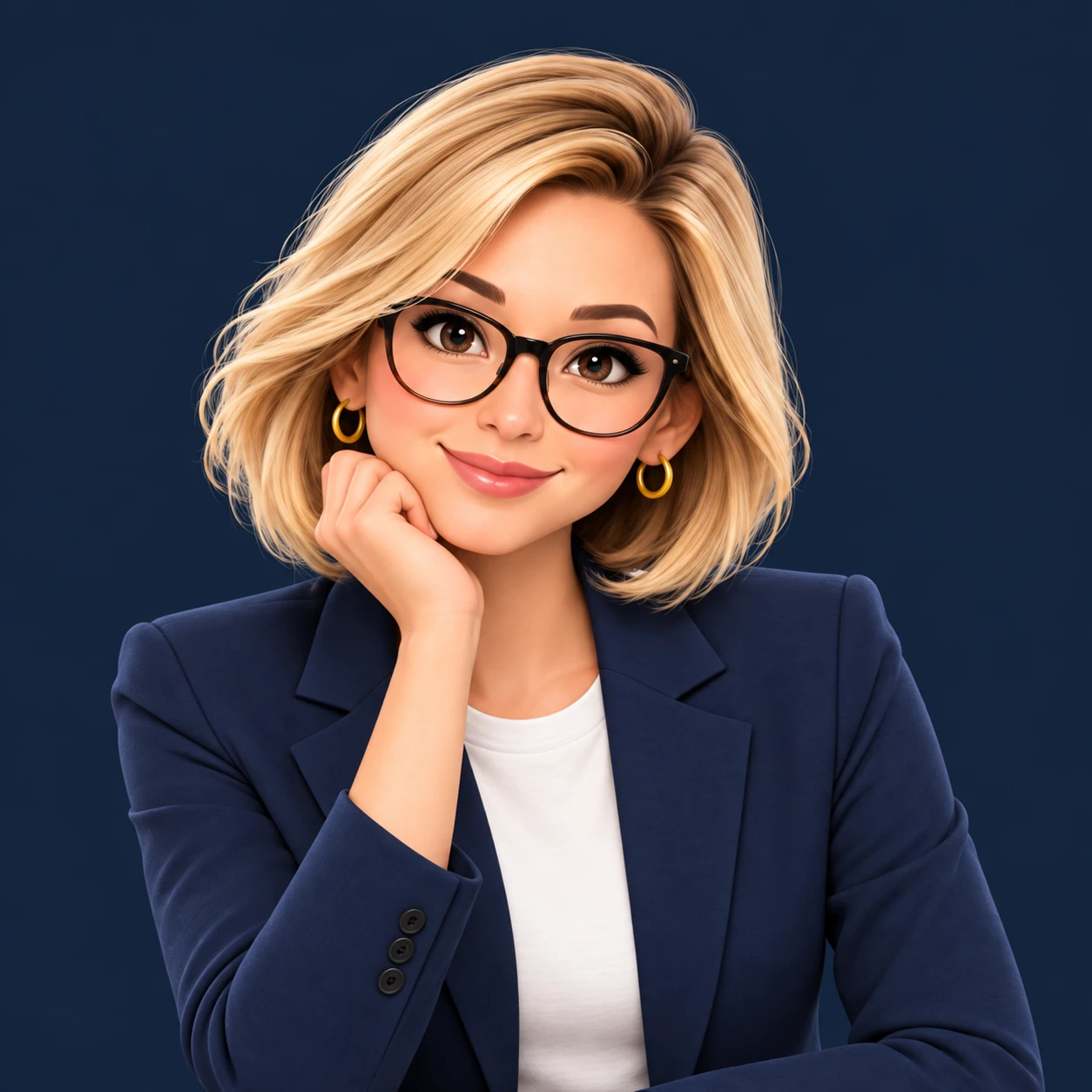 Emi, with a blonde bob, glasses and navy blazer, ready to help.