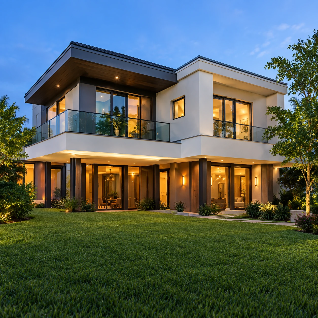 Modern cream home with glowing windows at dusk.